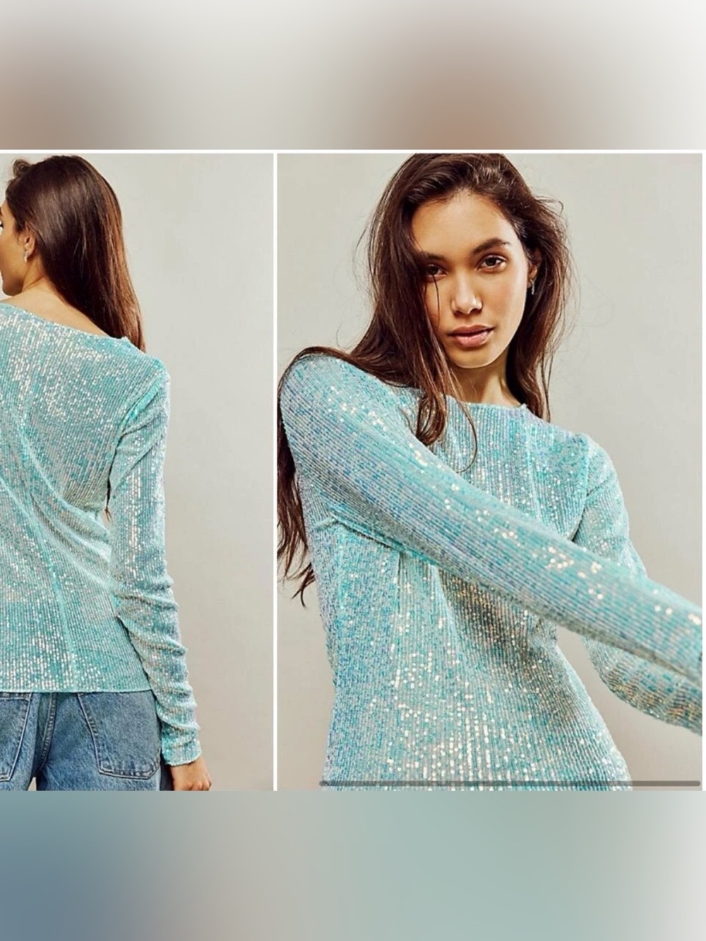Free People Gold Rush long-sleeve iridescent sequin top in a light blue shade XL
